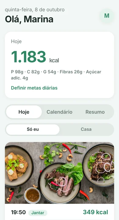 Tela do app Prato com o total de calorias do dia e a foto do jantar analisada